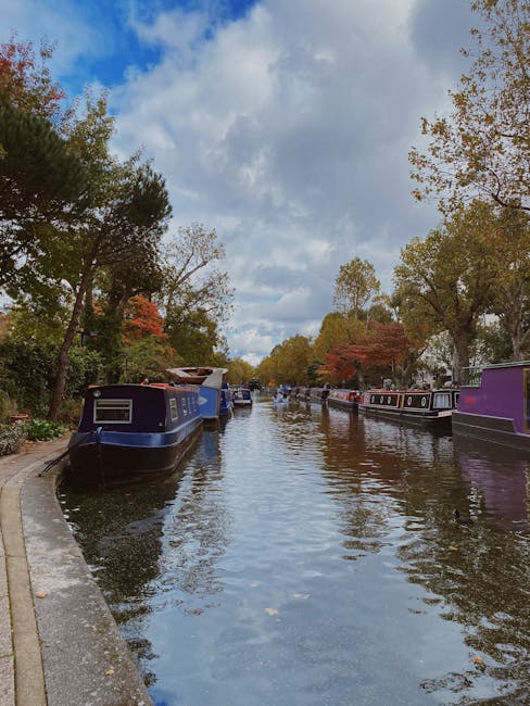 A canal scene featuring several narrowboats moored along the water's edge, with some partially obscured by trees with autumn foliage in shades of green, orange, and red. The boats are made of metal wi