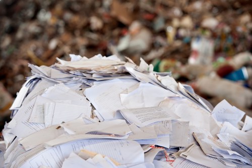 A large pile of mixed paper waste, including crumpled sheets, printed documents, and torn pages, is situated outdoors on a paved surface with a background of discarded debris and earth. The paper appears to be various types, with some sheets partially folded or wrinkled, showing different textures from smooth to rough. The pile is uneven, with some papers overlapping others, creating a layered appearance. The surrounding environment suggests an outdoor waste collection or disposal area, typical of rubbish removal sites in Westminster, with natural lighting highlighting the white and off-white tones of the paper. This image visually represents the type of bulk paper and document waste that businesses may require assistance with in the context of an effective waste removal solution offered by companies like Business Waste Removal Westminster.